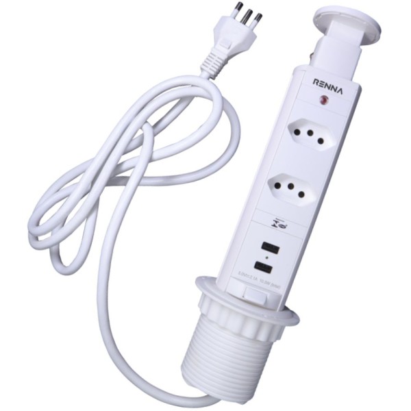 TORRE MULTIPLUG RENNA/PIX 2 TOMADAS + 2 USB RETRÁTIL BRANCA