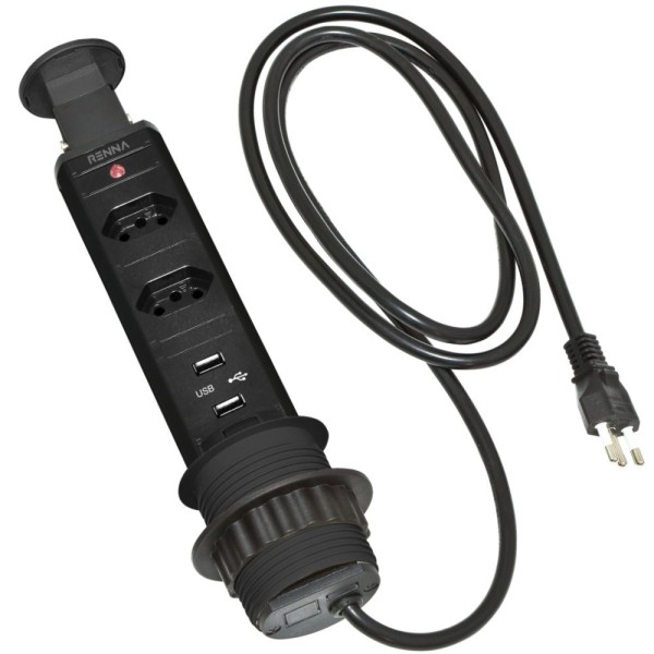 TORRE MULTIPLUG RENNA/PIX 2 TOMADAS + 2 USB RETRÁTIL PRETA